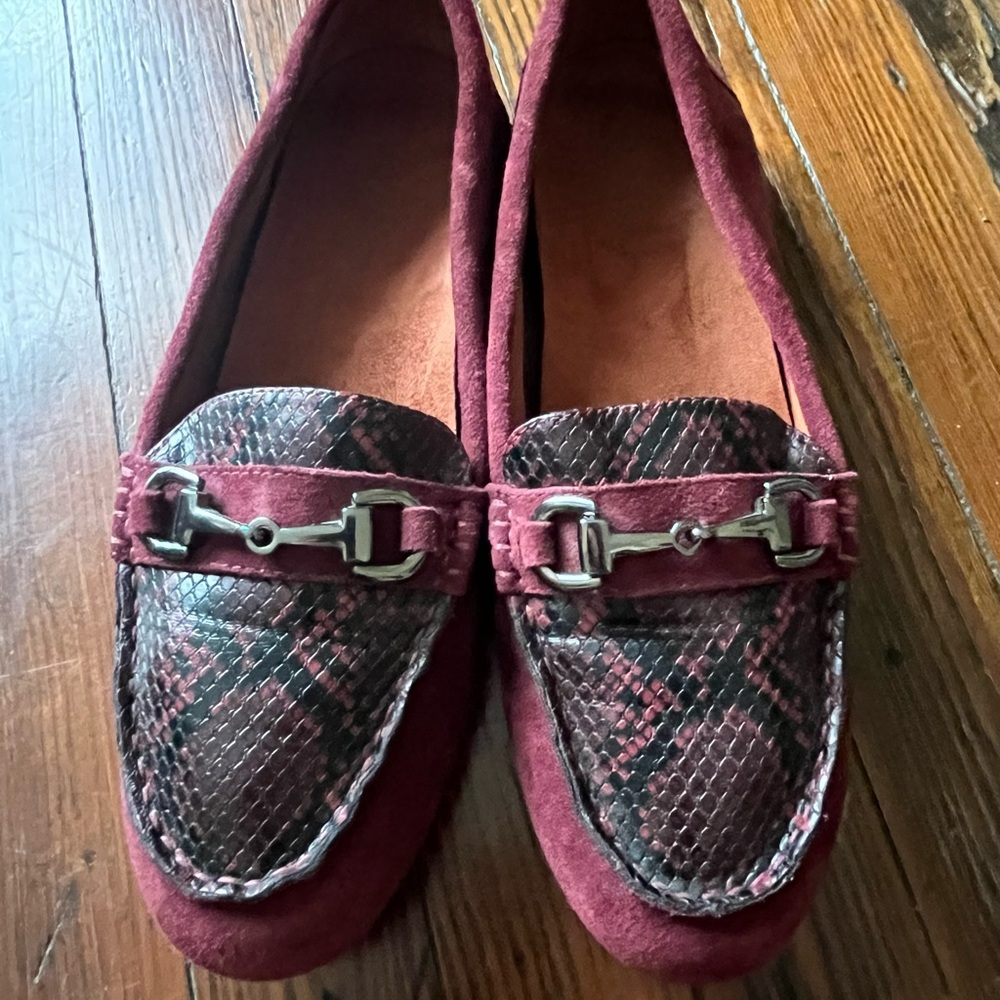 Women's Dayna Burgundy Leather Loafer/moccasins with Snake Print Detail